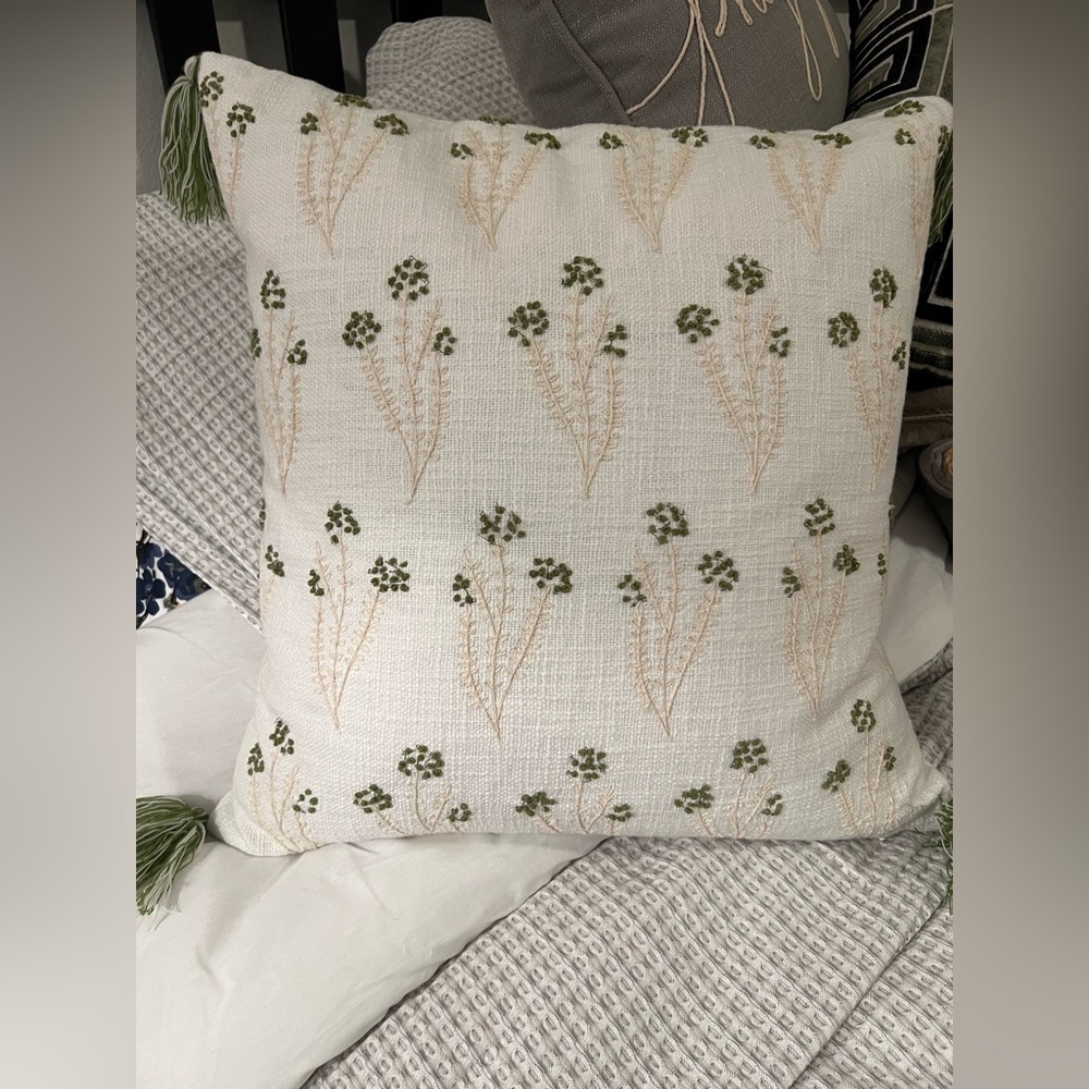 Embroidered Cotton Throw Pillow with Green Tassels 20X19 inches